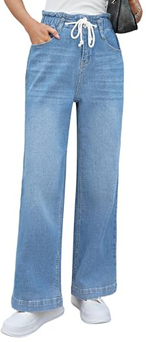 Roskiky Jean pour femme, jambe large, élastique, taille élastique, taille élastique, bas ample, pantalon Y2k, humeur, bleu, taille XL