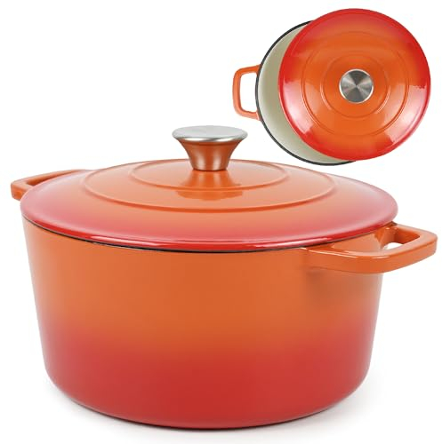 ANDREW JAMES Cast Iron 5L Round Casserole Dish with Lid – Enamel Coated Dutch Oven for Bread Baking, Stews, Roasting & Braising – Oven Proof Cast Iron Pan, No Seasoning Required (Orange)
