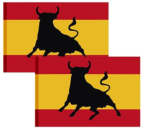 Lot de 2 drapeaux de l'Espagne avec taureau, 90 cm x 150 cm, grand avec passant pour mât et cordons pour fixer, léger, pour sport, football, manifestations