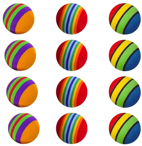 Tabanzhe 12 Rainbow Striped Sponge Balls, Cat Toys - Soft EVA Material Interactive Cat Toys for Kittens & Adults, Sports Chase Training Ball (3.5 CM)