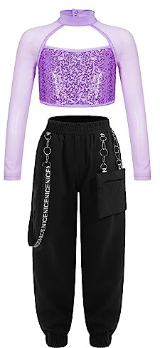 TiaoBug Conjunto De 2 Piezas Para Niñas Camiseta Corta Brillante Con Pantalones Cargo Para Hip Hop Conjunto Deportivo Disfraz De Jazz Actuación Lavanda 11-12 años
