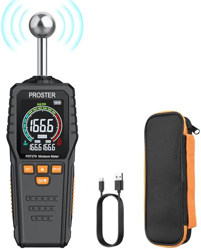 Proster Medidor de Humedad Recargable, Medidor de Humedad con Pantalla LCD a Color con Función de Alarma, Retención de Datos para Paredes, Madera, Mampostería, hormigón, Profundidad de 5-40 mm