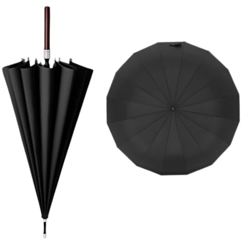 Grande ombrello da golf antivento con 16 stecche e comodo manico dritto in legno, per uomo e donna, Nero , 115 cm diameter, 98 cm length