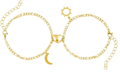 XSDSLS 2 Stück Paar Armband Magnet,Edelstahl Gold Silber Armbänder mit Mond Sonne Anhänger Herz Magnet Armband Pärchen Partner Armbänder Geschenk für Sie und Ihn Paare Couple (Gold)