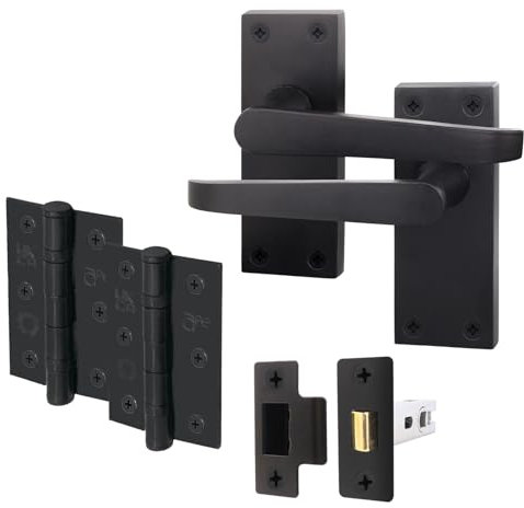 EAI Black Door Handle Latch Set | 1 Pair Internal Handles on Backplate with Latch 64mm & Hinges 76mm | Straight Pattern