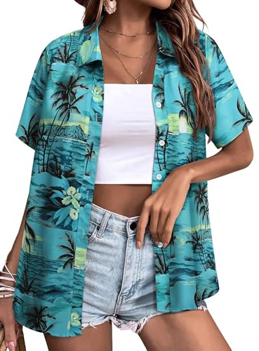 Yihelian Hawaiian Shirts for Women Summer Short Sleeve Top Floral Tropic Printing V Neck Button Down T Shirts Blouses Teal