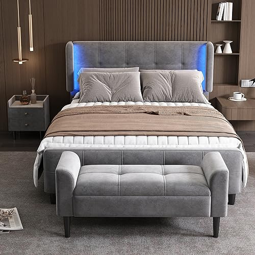 Soweiz Juego completo de dormitorio, cama tapizada + 1 mesita de noche + taburete, cama doble con tiras de luz de 16 colores en las orejas laterales, mesita de noche con 2 cajones