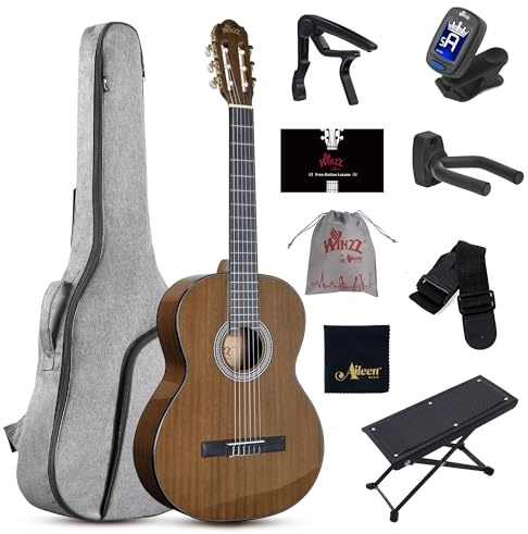 WINZZ 4/4 Classical Guitar, 39 Inch Full Size Nylon String Guitar for Beginner Adults, Full Classic Guitar Kit with Free Lessons, Gig Bag, Footstool, Capo, Tuner, Hanger and Strap (Glossy Tan)
