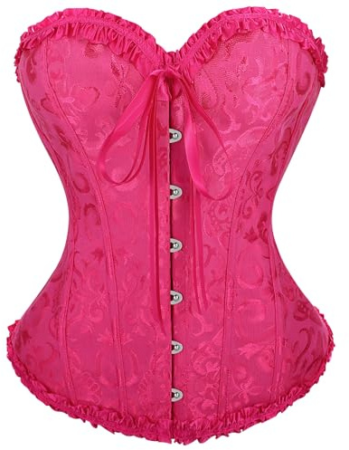 VONMELLI Corsetto Donna Sexy Bustino Shapewear Lingerie Elegante Corsetto Pizzo Fino Disossato Overbust Bustier Lingerie Top per Halloween, Carnevale, Cosplay e Feste Rosa rosa L
