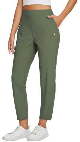 baleaf Pantalon de golf stretch pour femme avec poches zippées - Petite cheville - Robe de voyage - Travail - Affaires - Décontracté, Vert armée., L