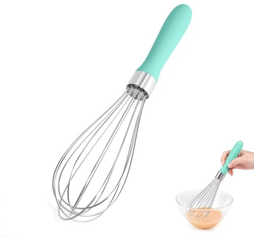 18/8 Stainless Steel Balloon Whisk, Doosu Kitchen Whisk for Cooking Handheld Egg Beater with Rust-Proof Sturdy Wires & Non-Slip Silicone Handle for Beating, Stirring, Blending (6 Wires, Aqua Sky)