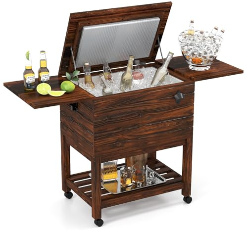 COSTWAY Glacière à Roulette en Bois de 51 L, Chariot Isothermique avec Étagères et Décapsuleur Roues de Verrouillage, pour Fêtes Jardin Piscine Terrasse et Barbecue, Brun