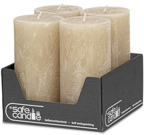 DecoLite: Stumpenkerzen Rustik 4er Set 140x70 mm | Selbstverlöschend Safe Candle | Durchgefärbt RAL-zertifiziert | Brenndauer ca. 69h | Made in Germany | Rustik Deko Kerzen (sahara)