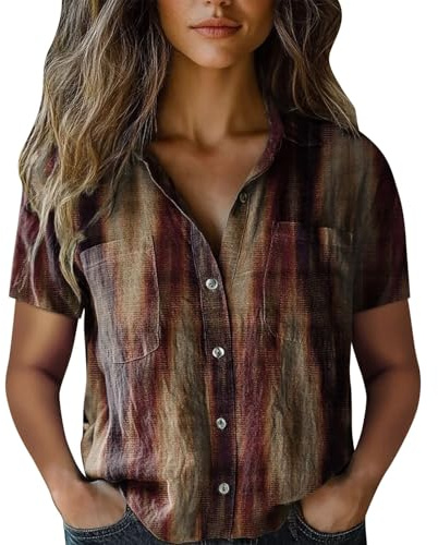 Uwdiohq Camisa de algodón para Mujer, Blusa Estampada de, Blusas Casuales, Blusa de Manga Corta sobre Camisa Mujer Cuadros (Brown, L)