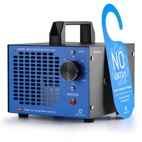 Airthereal MA5K Générateur d’ozone, ioniseur d’air et éliminateur d’odeurs avec minuteur 120 min, léger ; pour voiture, fumée, animaux et caves ; jusqu’à 185 m², bleu