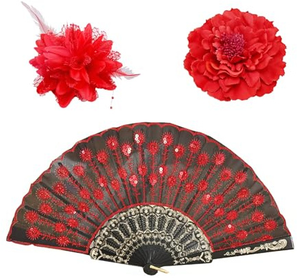 ARYIMYDP Ensemble de 3 accessoires: 2 épingles à cheveux pivoines rouges, 1 éventail, fleurs artificielles, accessoire cheveux, pince cheveux fleur, fleur cheveux flamenco, style flamenco, grandes
