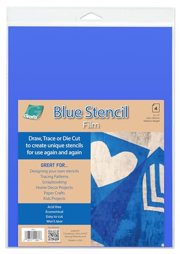 Grafix Blue Stencil Film – 9 x 12”, Pack of 4 – Transparent, .007” Blue Stencil Film, Perfect for Creating Custom Reusable Stencils, Masks, Patterns.