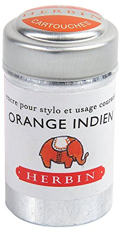 Jacques Herbin - Ref 20157T_paq - Universal Writing Snap-In Ink Cartridges - Orange Indien / Indian Orange - Cylindrical Metal Pot of 6 Cartridges - Orange-Coloured Ink