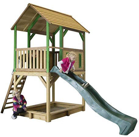 AXI Pumba Casa Bambini con pavimento, sabbiera e scivolo verde | Casetta da gioco per giardino/esterno in legno FSC marrone e verde | Torre di gioco per bambini