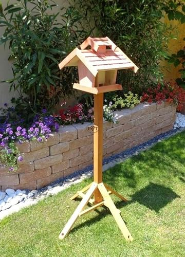 Vogelhäuser mit ständer BTV-VOVIL4-MS-rot001 Schönes PREMIUM Vogelhaus !!! KOMPLETT mit Ständer !!! wetterfest lasiert, wetterfestes Vogelfutterhaus MIT FUTTERSCHACHT-Futtersilo Futterstation Farbe rot lasiert, weinrot hellrot knallrot, Ausführung Naturholz MIT TIEFEM WETTERSCHUTZ-DACH für trockenes Futter, 100% Massivholz, QUALITÄTSPRODUKT vom Schreiner