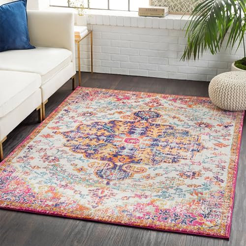 Livabliss Asmara Vintage Teppich groß - Teppich Wohnzimmer 120x170 cm, Esszimmer, Schlafzimmer, Orientalischer Teppiche Boho Style - Carpet Living Room, Bunter Muster, Orange und Weinrot