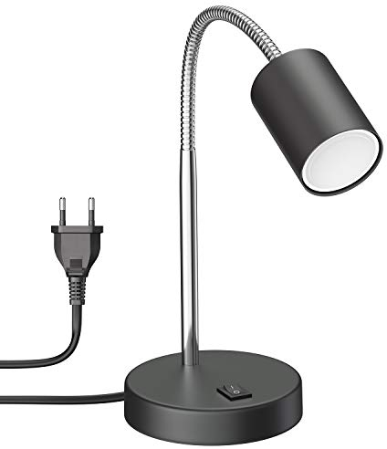 ledscom.de Tischleuchte WAIKA Schwanenhals Schalter schwarz matt + LED Lampe warmweiß 3-Stufen Dimmen 500lm