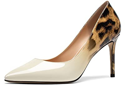 Elashe Escarpins Bicolore Femme, 8.5 cm Talon Aiguille Bout Pointu, Classiques à Enfiler Pumps Soirée Leopard BlancEU37