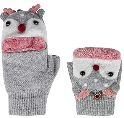 Enfants Gants Hiver Thermique Moufles Tricoté Epais Gants Demi-Doigts de Renne Mignon avec Doublure Cachemire Chaud Gants Extérieur de Ski Anti-Froid Gloves pour Filles Garçons 3-8 Ans (Gris)