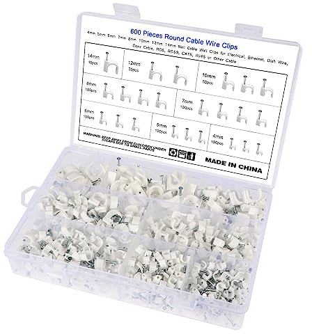 Booramy 600pcs Blanc Câble Clips Attache Câble Ronde avec Clou en Acier Fixation et Organisateur de Fils 7 Tailles 4mm/5mm/6mm/7mm/8mm/10mm/12mm