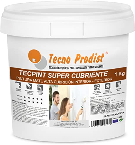 TECPINT SÚPER CUBRIENTE de Tecno Prodist - 1 Kg (BLANCO) Pintura para Exterior e Interior al Agua – Cubrición extra, acabado blanco Alaska - Lavable – Sin olor, no salpica - Fácil Aplicación