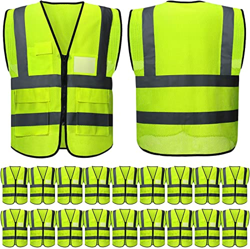 JaGely 20 Pack Reflective Safety Vests with Pockets, High Visibility Mesh Construction Vest for Men Women, Neon Yellow, Size L