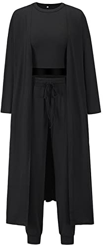 Les umes Tuta da donna 3 pezzi Cardigan aperto sul davanti Canottiere Gamba larga Palazzo Pantaloni Lounge Set, Nero , S