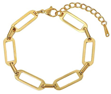 GOLDENCAT Armony Dorada, Pulsera de Acero Inoxidable Con Eslabones Grandes, Para Mujer, Longitud Extendida 17 cm, Baño Oro 14k