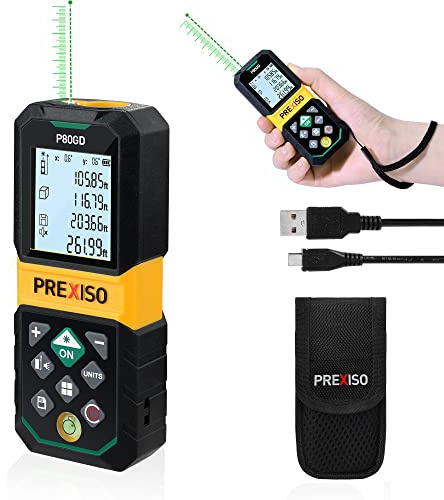 PREXISO Laser Measure Rechargeable, 265Ft Green Beam Laser Measurement Tool with Angle Sensor& 30 Sets Data Storage &1/4-20 Threaded Hole - Ft/Ft+in/in/M Units - Pythagorean Mode, Area, Volume