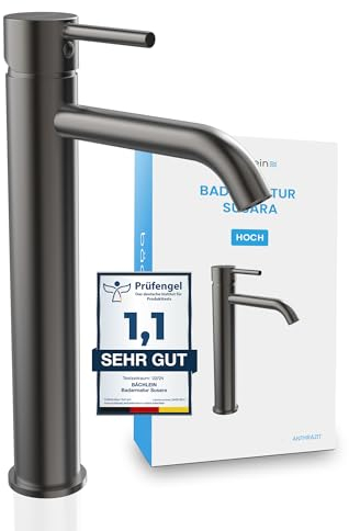 Bächlein Badarmatur Susara hoch mit gebogenem Auslauf, Extra hoher Design Einhebelmischer für Aufsatzwaschbecken mit langlebiger Keramikkartusche und Montage-Set, Bad Wasserhahn Anthrazit