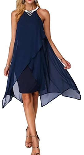Minetom Femme sans Manche Robe De Cocktail Asymétrique Au Genou Mousseline De Soie Cocktail Bal Mariage Courte Robes Fête A Bleu Foncé XL