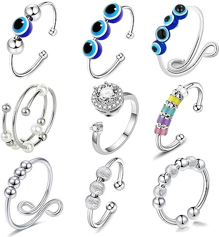 VIKY Lot de 9 anneaux anti-stress réglables – Soulage l'anxiété – Argent avec diamant – Anneaux spinner ouverts pour filles et femmes