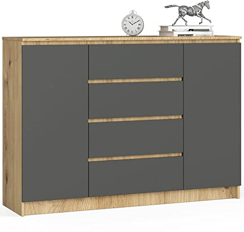 AKORD Kommode K 140 cm 4 Schubladen und 2 Türen | zum Wohnzimmer Schlafzimmer Arbeitszimmer | Modernes funktionales Design | Schichtstoffplatte Farbe schwarz glänzend | Eiche Artisan/Graphitgrau