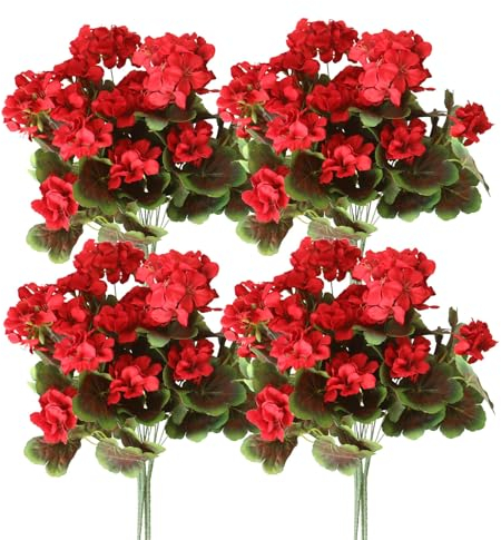 Artificial Flowers Plants for Outdoor Indoor Home Decoration, Christmas 4PCS Red Fake Geraniums Silk Flowers, UV Resistant, Faux Greenery for Pot Vase Window Box Hanging Planter Front Porch Wedding
