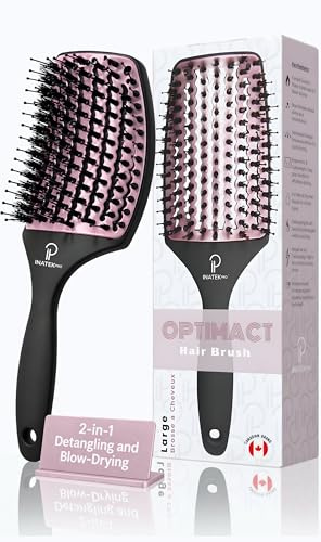 INATEKPRO Boar Bristle Hair Brush Women | Curved-Vented Soft Paddle Brush for Thick Hair | Fine & Curly Hair | Boar Bristle Brush for Smooth & Shiny Hairs | Men, Women & Kids (Large-Rose Gold)