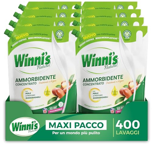 Winni's - Ammorbidente Lavatrice Ipoallergenico Concentrato Ecoformato, 400 Lavaggi, Fragranza Patchouli e Argan, Con Perle di Profumo Biodegradabili, 1250 ml x 8 Confezioni