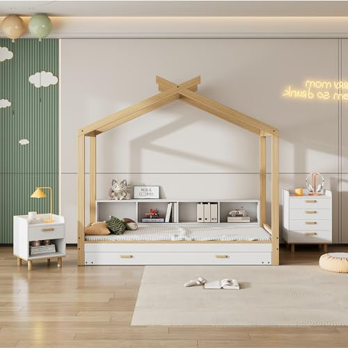 Kinderzimmerkombination, Komplettschlafzimmer Set, Hausbett+Nachttisch+Kommode, Kinderbett mit vier Fächern Regale und Drop-Down-Rollbett, Nachttisch mit 1 Schublade und einem Fach,Kommode, Weiß+Natur