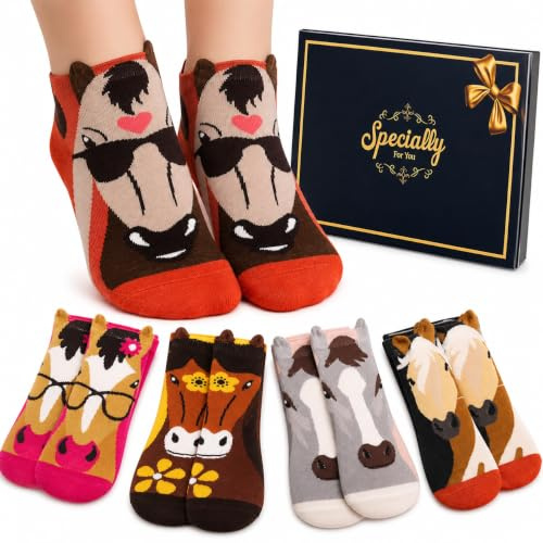 Belloxis Horse Gifts for Girls & Women 5-Pack Animal Ankle Socks, UK 4-7