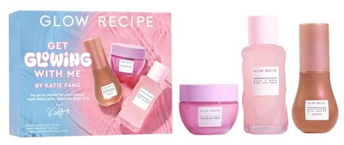 Glow Recipe Set Get Glowing With Me By Katie Fang - PHA + Bha Gesichtswasser und weiches Gesichtspeeling, feuchtigkeitsspendende Gesichtscreme mit Hyaluronsäure Plum Plump + getöntes Serum mit