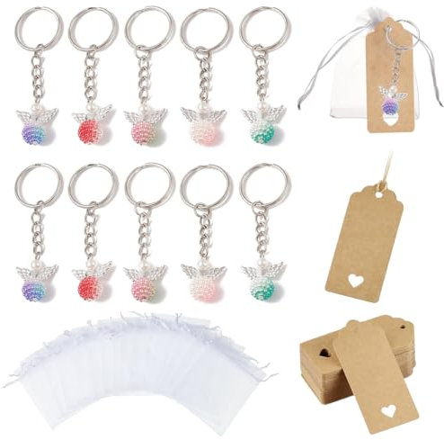 VEOIRXU Schutzengel-Schlüsselanhänger, bunt, mit Organza-Beuteln aus Kraftpapier, für Hochzeit, Party, Geburtstag, Babyparty, Taufe, kleine Glücksbringer, Tischdekoration, 10 Sets