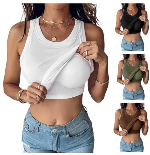YOMACY Ribbad tank top inbyggd behå, atletisk tank tops för kvinnor, sexig tank med inbyggd behå, snäv racerback skopa, löpning yoga sport-bh atletisk smal ärmlös sommartopp, linne med bh