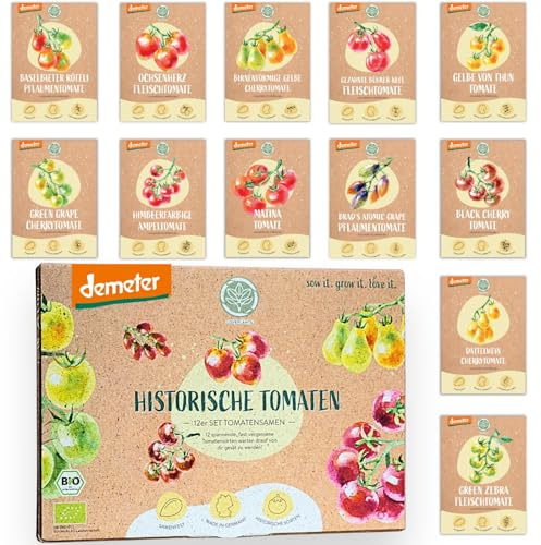 Juego de semillas de tomate históricas orgánicas: 12 variedades de semillas de tomates Demeter | variedades raras, antiguas y mini de tomate todas las semillas | Semillas de verduras para balcón