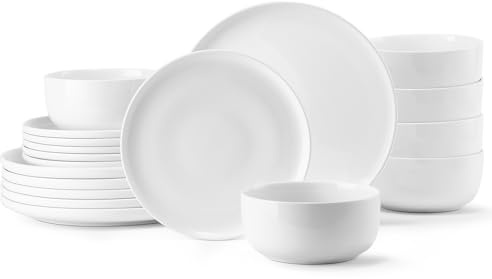Jassceram 18-Pieces Plates and Bowls Sets, Porcelain Kitchen Dinnerware Sets Chip Resistant Ceramic Dinner Plates, Microwave& Dishwasher Safe Dishware Service for 6, Off-White