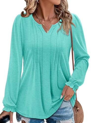 KISSMODA Ladies Casual Long Puff Sleeve Tunic Tops V Neck Pleated Blouses Trendy Cute T Shirts for Legging