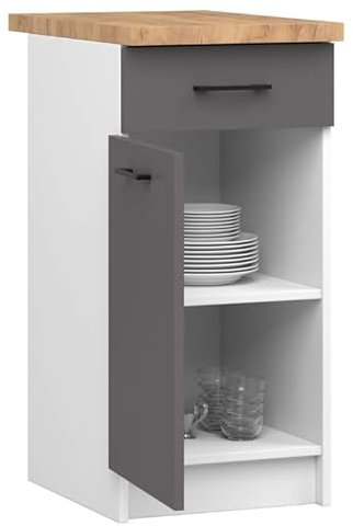 BDW - Küchenschrank Weiß/Grau - Schrank Küche - mit Arbeitsplatte, Tür, Schublade - Schrank 40 cm breit, 85 cm hoch - Küchenschränke Einzeln, Küchenmöbel Einzelteile